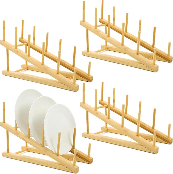 4 Pcs Wooden Dish Drying Rack, Bamboo Plate Dish Rack Stand by Unknown