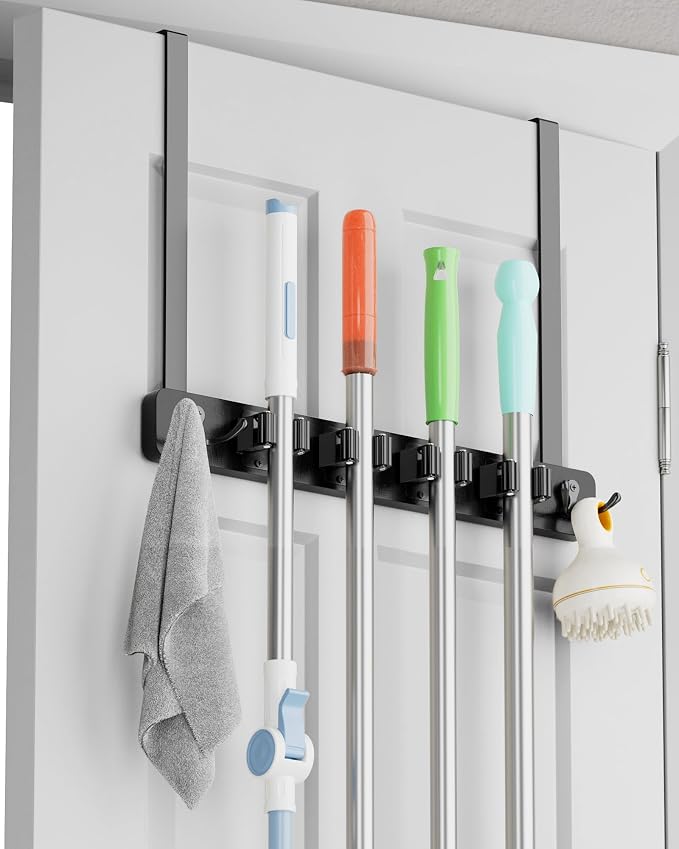 Over the Door Broom Holder, Mop and Broom Holder Door Mount, Hanging Organizer by BS-VOG