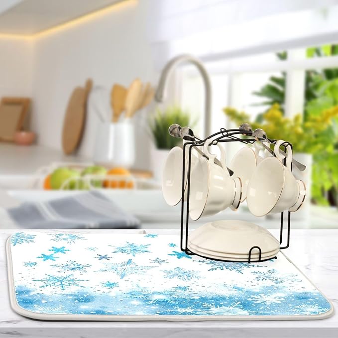Winter Snowflake Blue Dish Drying Mat - Image 5