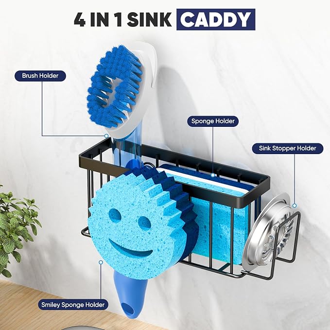 Sponge Holder for Kitchen Sink, Sink Caddy Smiley Face, 4-in-1 Sponge Holder - Image 5