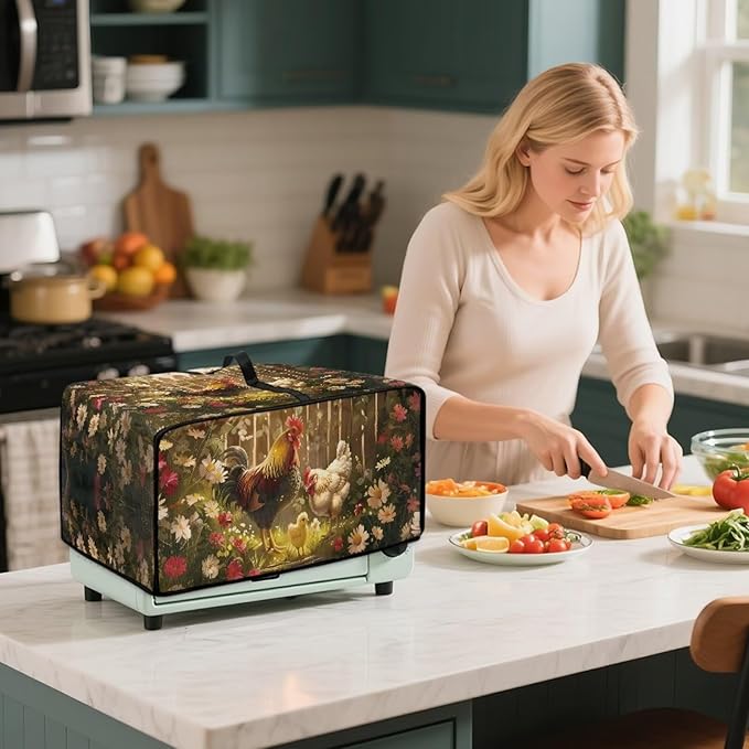 Air Fryer Toaster Oven Dust Cover with Side Pockets, Protective Countertop Microwave Oven Cover for Home Indoor Decor, S, 14.5 x 18.5 x 9 Inches, Rooster Chicken Daisy Print