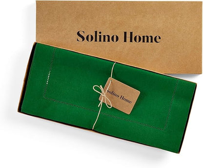 Solino Home Linen Table Runner 60 Inches - 100% Pure Linen Garden Green Hemstitch Table Runner 14 x 60 Inch Ideal for Dresser and Coffee Tables - Classic Hemstitch - Christmas, Winter, New Year