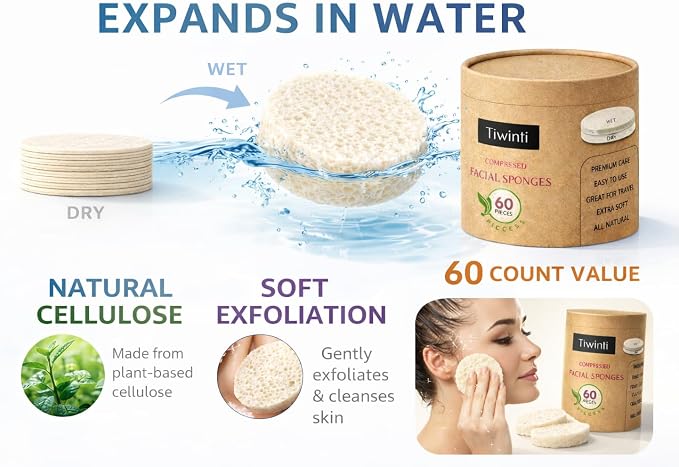 Compressed Facial Sponges 60 Pack – Natural Cellulose Facial Sponge - Image 3