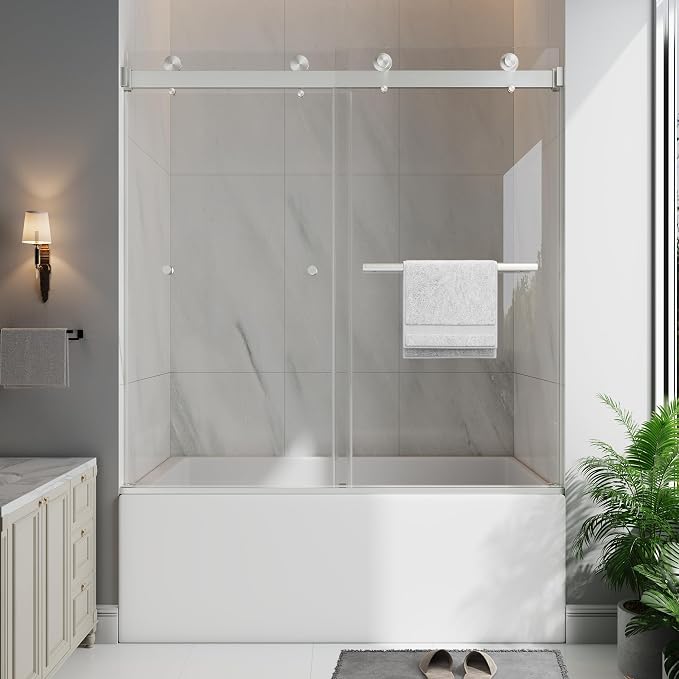 Frameless Bathtub Shower Door, 55-60" W x 60" H Double Sliding Tub Shower Door by EASYWORC