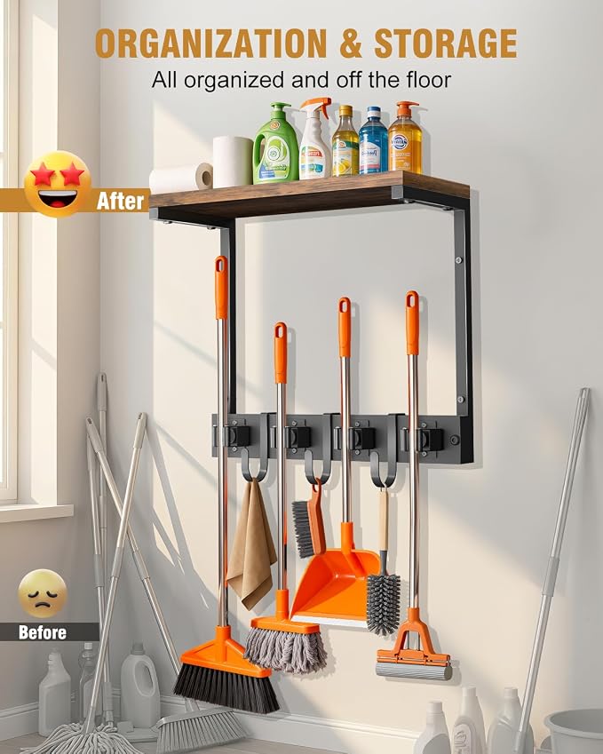 Broom Holder Wall Mount with Top Wooden Shelf, Heavy Duty Metal Cleaning - Image 3