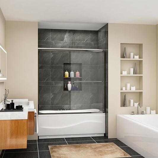 SUNNY SHOWER Bathtub Door Double Glass Sliding Shower Tub Door 60" W x 57.4" H by SUNNYSHOWER
