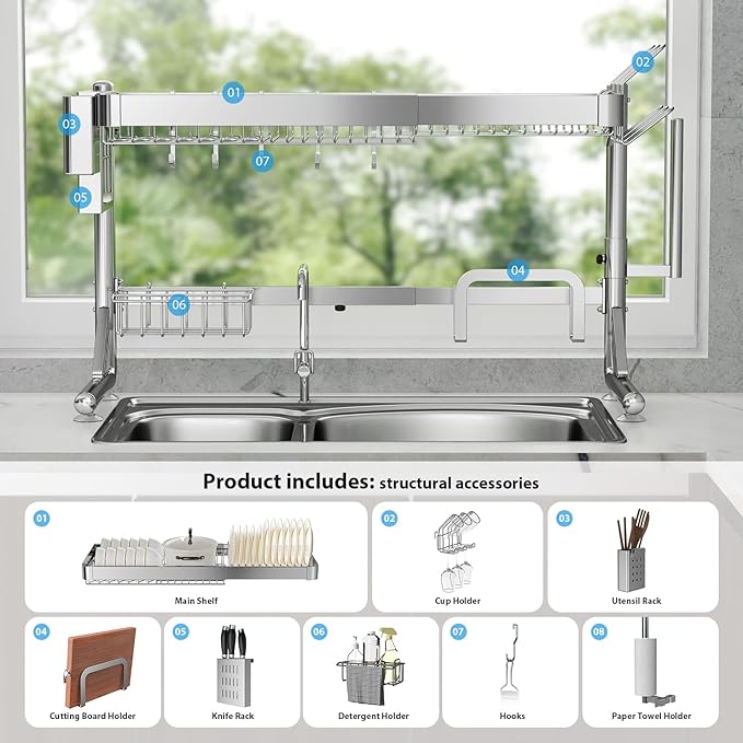 Over The Sink Dish Drainer Drying Rack, 2 Tier Adjustable Width 304 Stainless - Image 6