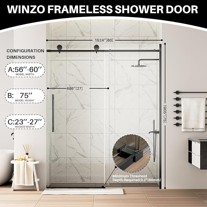 WinZo Frameless Shower Door 56-60 in W x 75 in H, Sliding Shower Door - Image 8