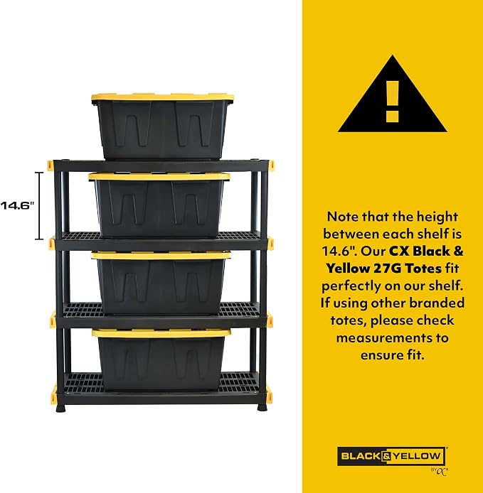 BLACK & YELLOW, 4-Tier Heavy Duty Plastic Storage Shelving Unit, 200lbs/shelf - Image 3