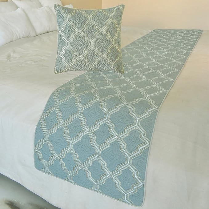 The HomeCentric King/Queen/Twin Light Blue Decorative Bed Runner Twin 53"x18" Bed Runner with One Pillow Cover, Quiled, Embroidery Bed Scarf on Jacquard Fabric - Estelle