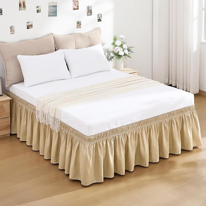 RIMELA Beige Bed Skirt King Size 18 Inch Drop, Wrap Around Elastic Bedskirt, Dust Ruffle for Adjustable Bed Base Machine Washable Easy to Install Bed Skirts