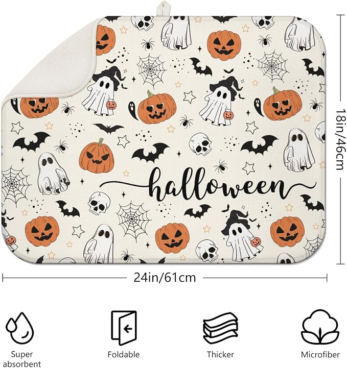 Halloween Dish Drying Mat for Kitchen Counter, Horror Halloween Pumpkin Skull - Image 2