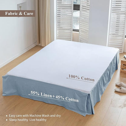 BISELINA French Linen Bed Skirt with Pleated Corner 14-Inch Tailored Drop Natural Flax Cotton Blend Basic Dust Ruffle Soft Cozy Farmhouse Bedding (14" King, Basic Dusty Blue)