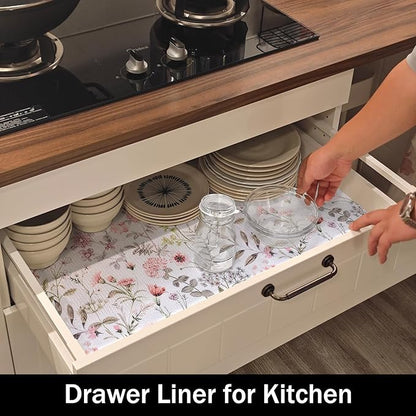 Floral Leaf Shelf Liners Strong Non-Slip and Non Adhesive 12IN x 20FT Shelf and Drawer Liners for Kitchen Cabinet Wire Fridge, Waterproof Shelf Drawer Liner,Easy to Clean