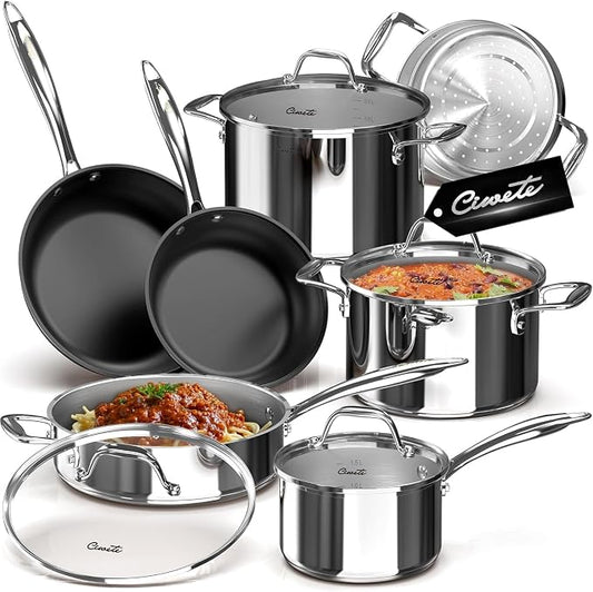 Ciwete 11-Piece Stainless Steel Pots and Pans Set Non Stick, Tri-Ply Stainless by Ciwete