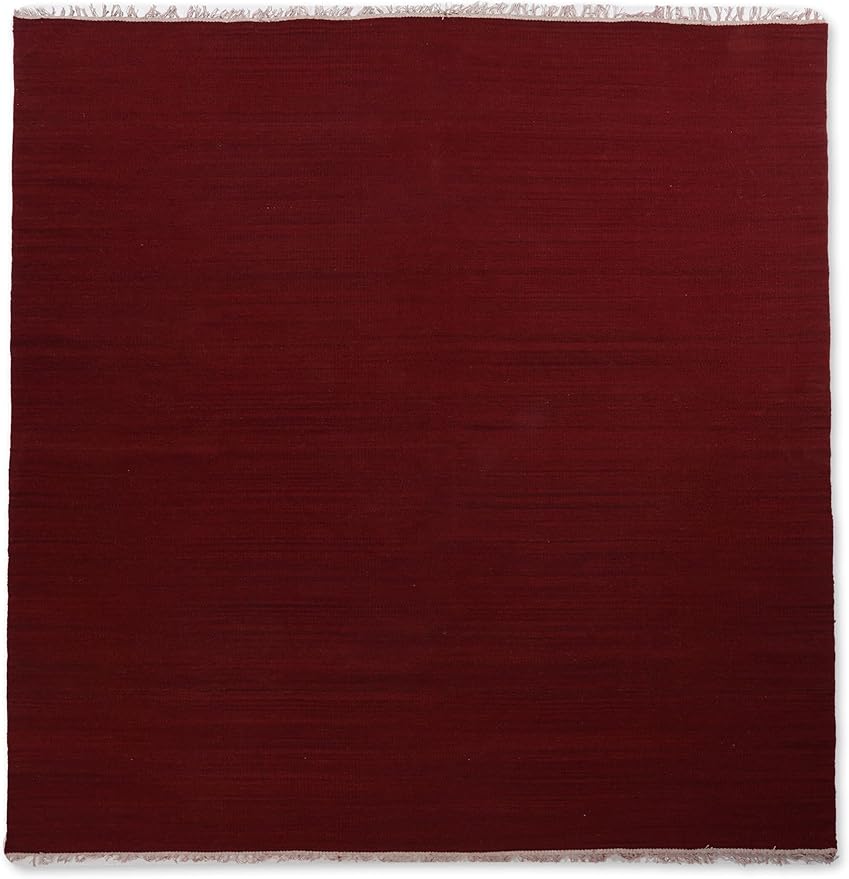 Rugsotic Carpets Hand Woven Flat Weave Kilim Wool ECO-Friendly Area Rugs - 6'x6', Square Shape, Burgundy Color, Solid Plain Design, Low Pile Handmade Area Rugs for Living Room, Bed Room (D00111)