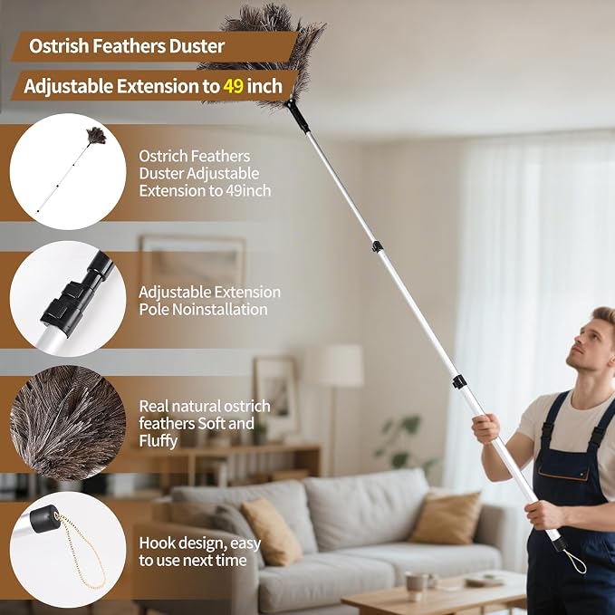 Extendable Ostrich Feather Duster up to 25-49 inches Fluffy Feathers Long - Image 3