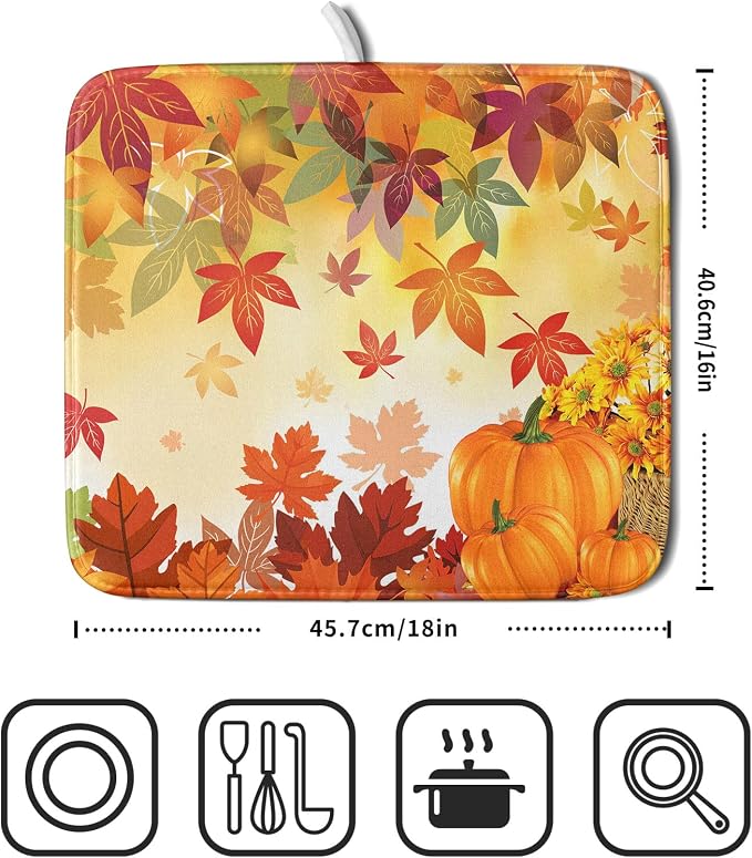 Autumn Fall Dish Drying Mat for Kitchen Counter Pumpkin Maple Leaves Drying Mat - Image 2