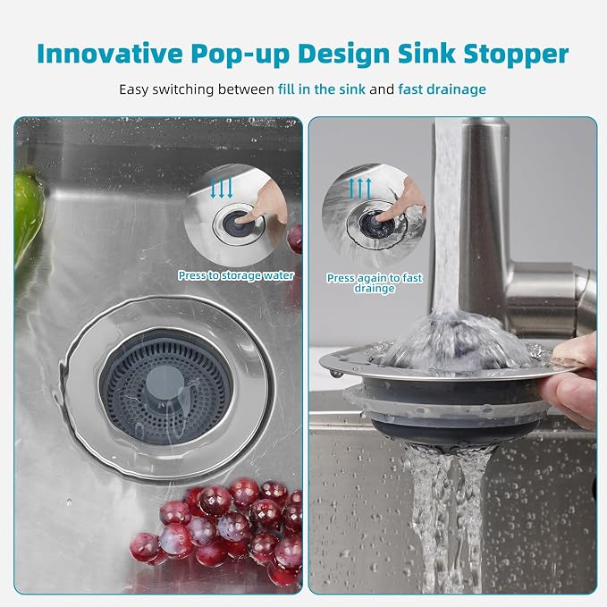 Hibbent 3 in 1 Kitchen Sink Drain Strainer, Stainless Steel Wrapped Shell Drain - Image 2