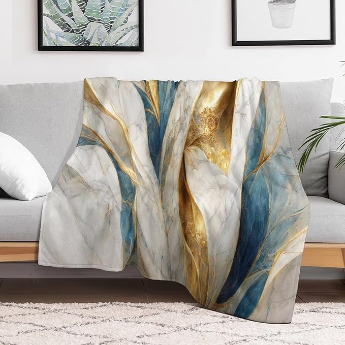 Abstract Marble Blanket, Modern Luxury Baroque Golden Blue White Stone Veins Pattern Soft Warm Cozy Plush Flannel Covers for Livingroom Bedroom Couch Chair Camping Travel Home Decor Tapestry 40x50in