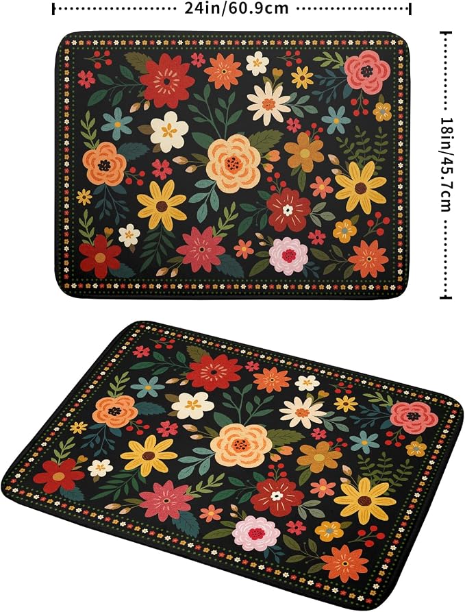 Boho Floral Dish Drying Mat 18x24 Inch Colorful Flower Dishes Dry Mats - Image 2