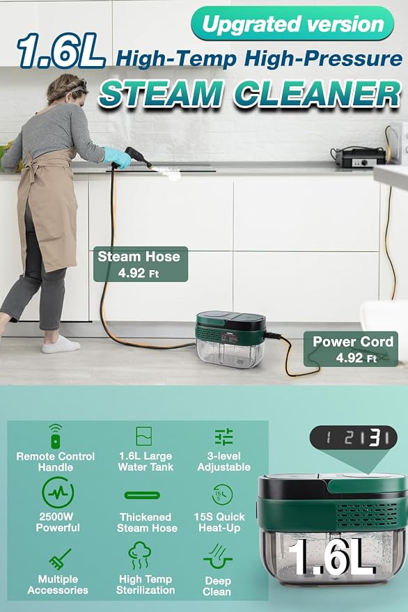 Handheld Steam Cleaner with Handle Control, 1.6L Large Water Tank, 3-Level - Image 2