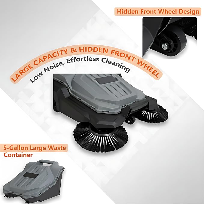 Walk-Behind Hand Push Floor Sweeper, 25.6" Sweeping Width Manual Non-Electric - Image 4
