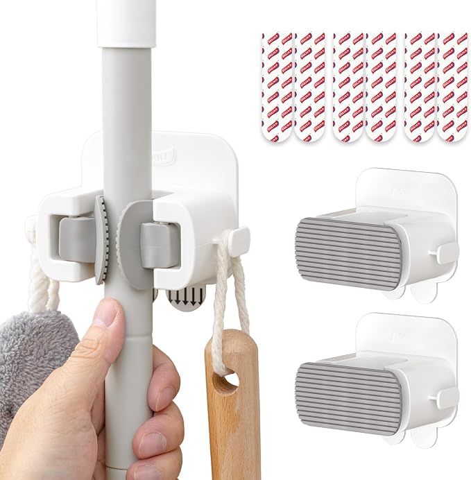 TAILI Mop and Broom Holder Wall Mount Grippers, 3 Hangers and 8 Adhesive Strips by TAILI