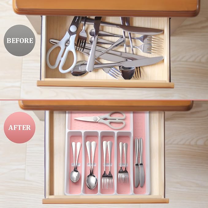 Silverware Organizer with Cutlery Icons，Pink Kitchen Silverware Tray - Image 6