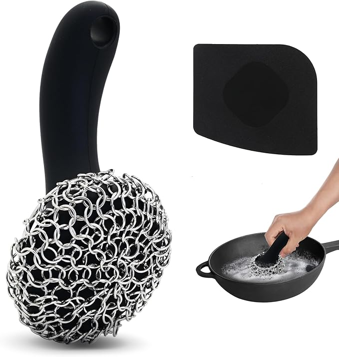 Cast Iron Scrubber with Long Handle | 316 Cast Iron Cleaner Chainmail Scrubber by TMEDW