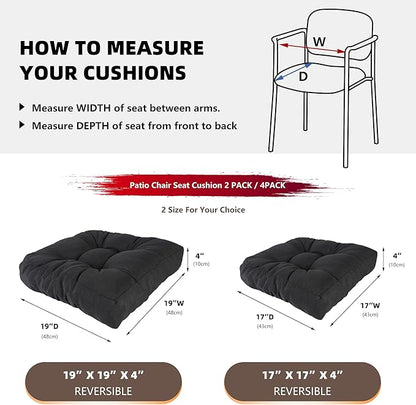 RACE LEAF 19" x 19" Patio Chair Cushions Black - Outdoor/Indoor Tufted Memory Foam Chair Pads Set of 2, Water-Resistant Olefin Chair Seat Cushion Non-Slip Backing