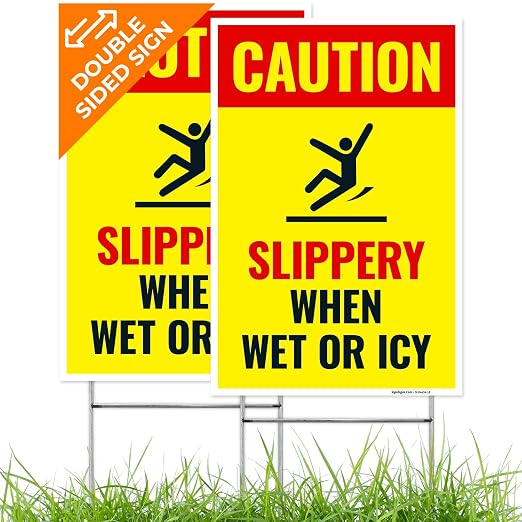 Caution Slippery When Wet or ICY Sign, Double Sided 12x18 Inches, Corrugated by SigoSigns