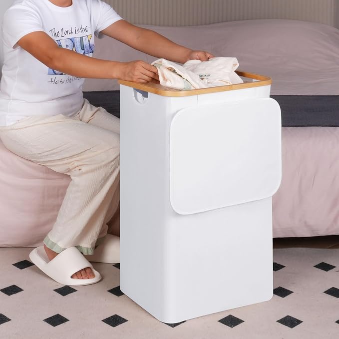 efluky Laundry Hamper with Lid, 100L Tall Laundry Basket with Bamboo Handles - Image 6