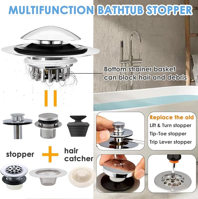 Bathtub Drain Stopper, Pop Up Tub Drain Hair Catcher, Bath Tub Drain Plug and - Image 2