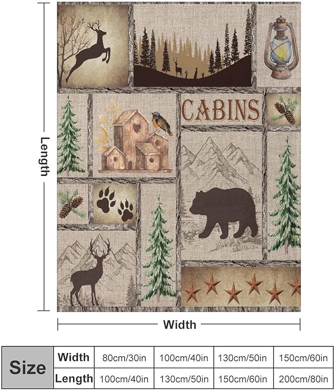 Rustic Cabin Bear Blanket, Lake Country Lodge Bear Deer Forest Farmhouse Camp Print Soft Warm Cozy Lightweight Decorative Blanket for Couch Bed Sofa Travel, 50"x60"