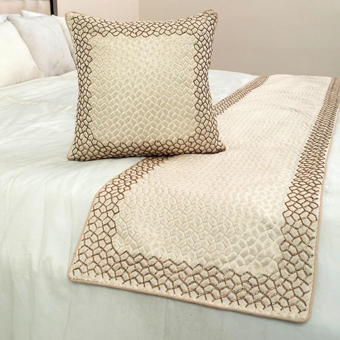 The HomeCentric King/Queen/Twin Ivory & Gold Decorative Twin 53"x18" Bed Runner with Pillow Cover, Mosaic & Beaded Bed Scarf on Jacquard Fabric - Tessellation