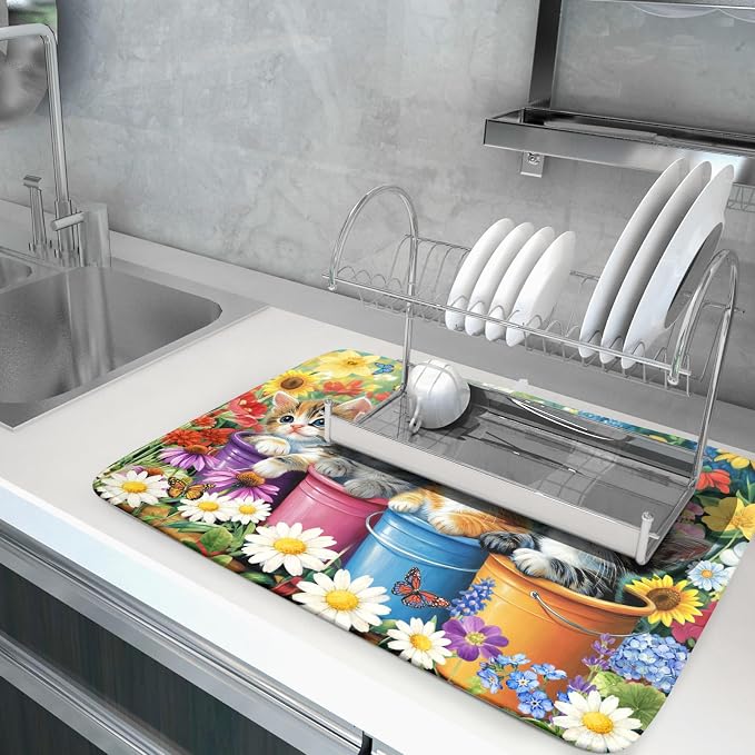 Lovely Cat Drying Mat for Kitchen Counter Colorful Flower Absorbent Coffee Bar - Image 5