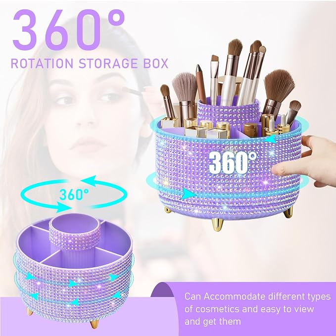 Diesisa Bling Diamond 360° Makeup Brush Holder Organizer, Rotating Makeup Brush - Image 3