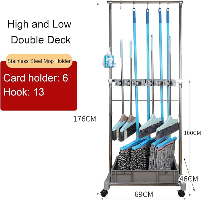 Movable Commercial Mop Rack, Floor Standing Cleaning Tool Cart Storage - Image 2