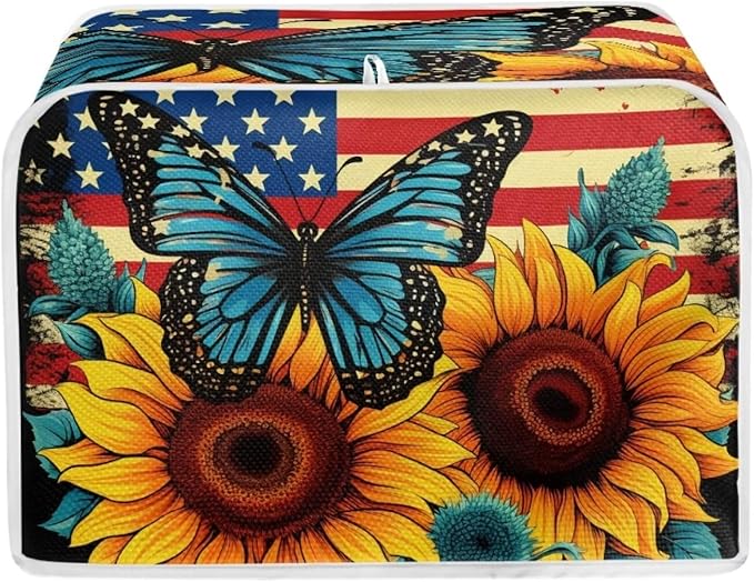 Sunflower Butterfly Print Toaster Cover 2 Slice American Flag Small Kitchen Appliance Cover, Washable Oven Protector Anti-dust Bread Maker Protector