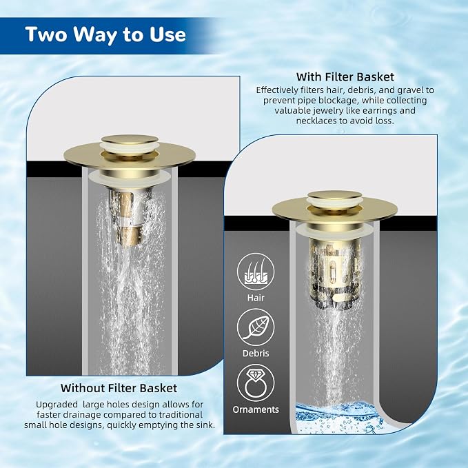 Hibbent 2 Pack Upgraded 3 in 1 Bathroom Sink Drain Strainer, Universal Pop Up - Image 3