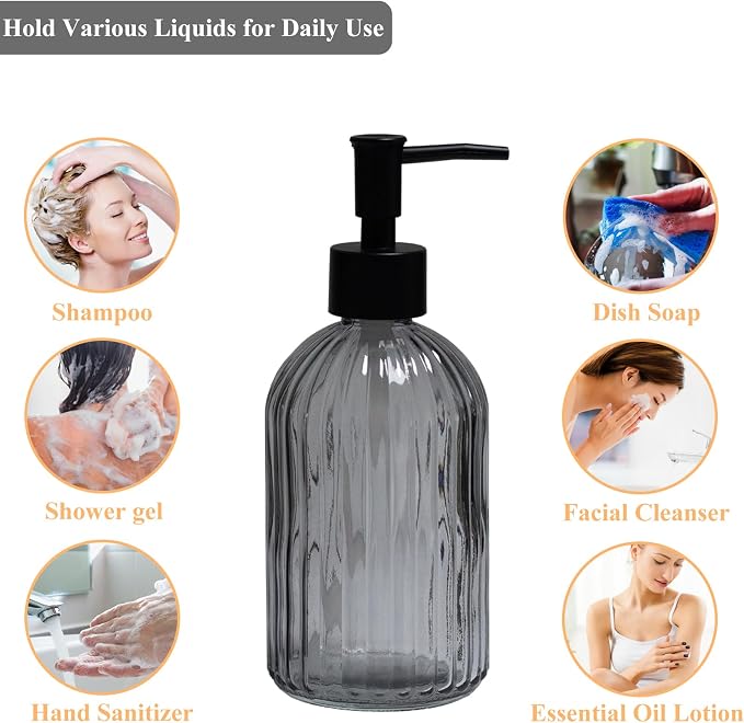 Grey Glass Soap Dispenser with Black Plastic Pump, 13.5oz Refillable Liquid - Image 4