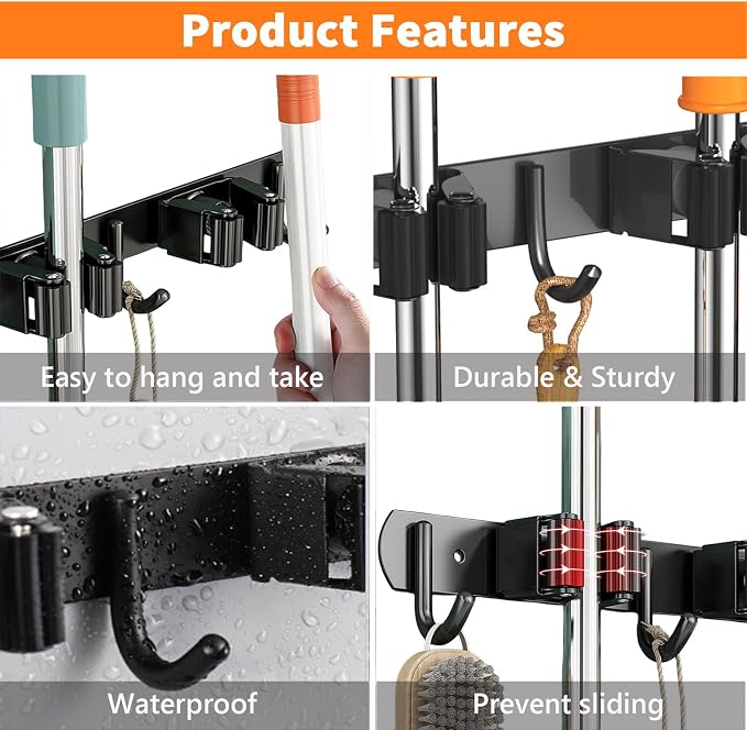 2 Pack Mop and Broom Holder Wall Mount, Non-slip Broom Hanger Wall Mount - Image 3