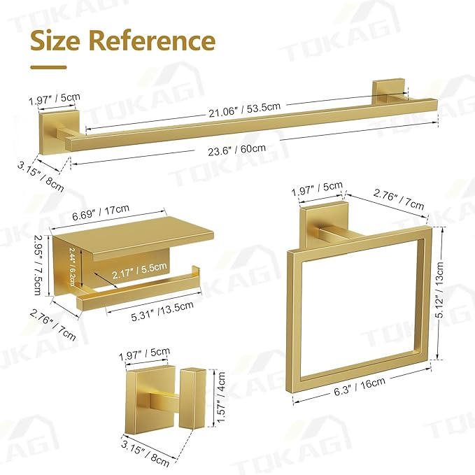 TQKAG 5-Pieces Brushed Gold Bathroom Hardware Accessories Set 23.6" SUS304 - Image 6