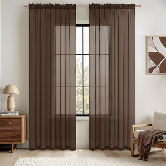 MIULEE Chocolate Brown Sheer Curtains 72 Inches Long 2 Panels, Light Filtering Voile Drapes with Rod Pocket for Bedroom and Living Room Windows