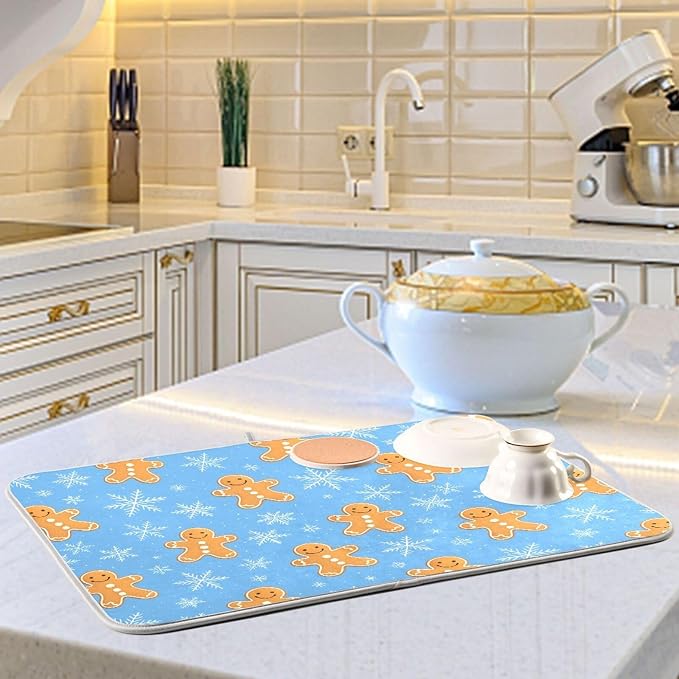 Snowflake Gingerbread Cookie Man Blue Dish Drying Mat - Image 6