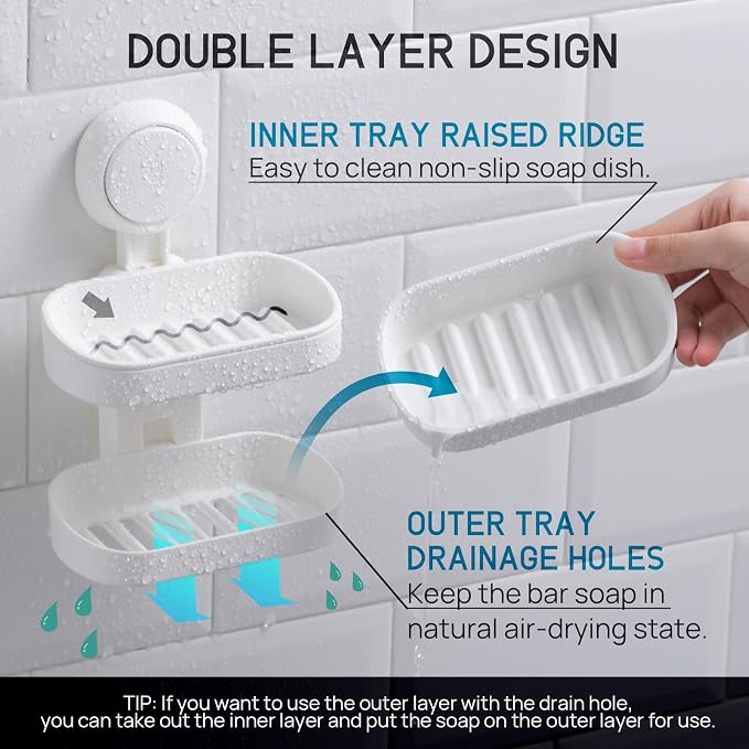 LEVERLOC Soap Dish Holder for Shower Double Layer Suction Cup Wall Mounted - Image 2