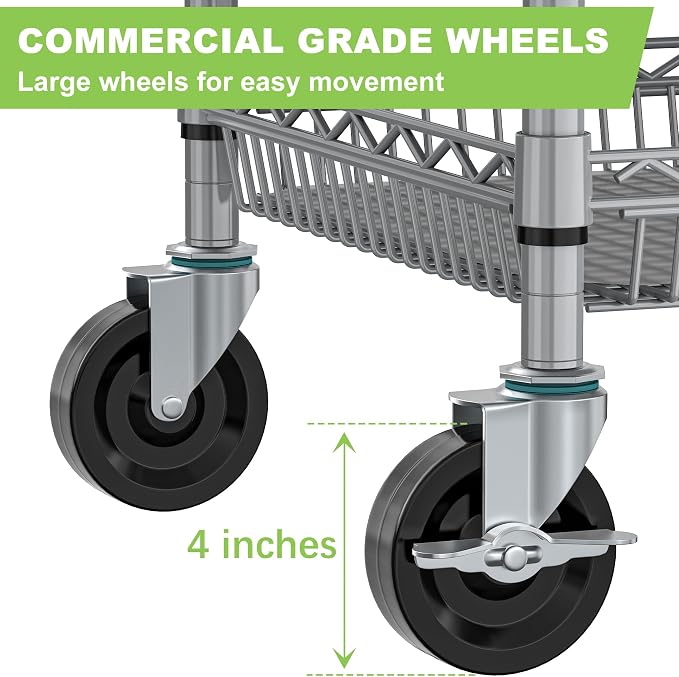 Metal Heavy Duty Carts with Wheels 1050lbs, 3 Tier Rolling Utility Cart with - Image 3