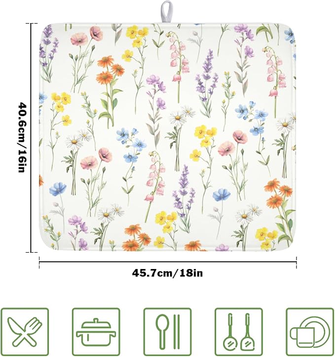 Spring Floral Dish Drying Mat for Kitchen Counter 16 x 18 Inch Colorful Flowers - Image 2