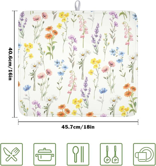 Spring Floral Dish Drying Mat for Kitchen Counter 16 x 18 Inch Colorful Flowers - Image 2